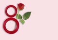 Number 8 from the ribbon greeting card design with beautiful red rose on pink background, flat lay and space for Royalty Free Stock Photo