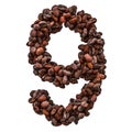 Number 9 from roasted coffee beans, 3D rendering Royalty Free Stock Photo