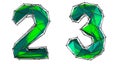 Number set 2, 3 made of green color glass. Collection symbols of low poly style green color glass isolated on white