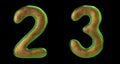 Number set 2, 3 made of realistic 3d render gold color. Collection of natural snake skin texture style symbol Royalty Free Stock Photo