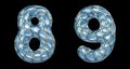 Number set 8, 9 made of realistic 3d render golden shining metallic. Collection of gold shining metallic with blue color Royalty Free Stock Photo