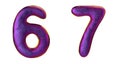 Number set 6, 7 made of realistic 3d render purple color. Collection of natural snake skin texture style symbol