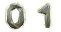 Number set 0, 1 made of silver color glass. Collection symbols of gold low poly style silver color glass isolated on