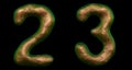 Number set 2, 3 madeof realistic 3d render gold color. Collection of natural snake skin texture style symbol