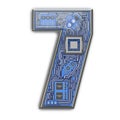 Number 7 seven, Alphabet in circuit board style. Digital hi-tech letter isolated on white