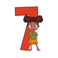 Number seven with cartoon surprised girl, colorful design