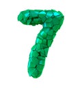 Number seven 7 made of broken plastic green color isolated white background