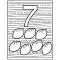 Number seven learning page coloring, fruit and volumetric number with a striped background for kids activity