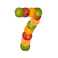 Number seven made from colorful fruits, collage isolated on white background Royalty Free Stock Photo