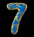 Number seven 7 made of golden shining metallic with blue paint isolated on black 3d