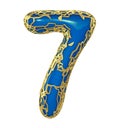 Number seven 7 made of golden shining metallic with blue paint isolated on white 3d