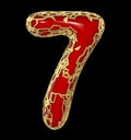 Number seven 7 made of golden shining metallic with red paint isolated on black 3d