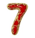 Number seven 7 made of golden shining metallic with red paint isolated on white 3d