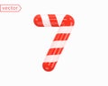 Number 7. Number Seven sign white intertwined with red ribbon. 3d Numeral as Candy Cane in cartoon style. Realistic glossy object Royalty Free Stock Photo