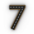 Number seven symbols of the Figures in the form of a road with white and yellow line markings 3d rendering