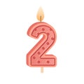 2 number-shaped birthday candle for second year anniversary. Two figure wax candlelight with flame for party cake for 2d Royalty Free Stock Photo