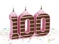 Number 100 shaped chocolate birthday cake with lit candle Royalty Free Stock Photo