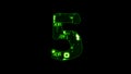 Number 5, shining high tech digital cyber punk green alphabet on black, isolated - object 3D rendering