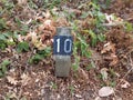 Number 10 on sign on ground with leaves Royalty Free Stock Photo