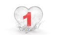 Number 1 sign in an ice heart with water drops for valentine`s day or school