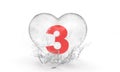 Number 3 sign in an ice heart with water drops for valentine`s day or school