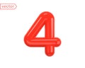 Number 4 Sign. Realistic Red Plastic Glossy 3D Number Four isolated on white background. Birthday, Anniversary, Christmas, Xmas,