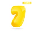 The number 7. Sign of the number 7 in yellow color. Realistic 3d design in cartoon style inflated plastic. Isolated on white
