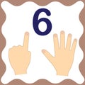 Number 6 six, educational card, learning counting with fingers