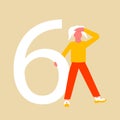 Number six. A girl with ponytail in search of self-identification. The girl is holding on large number six. A flat