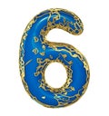 Number six 6 made of golden shining metallic with blue paint isolated on white 3d