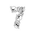 Number 7 skeleton. Bones Font seven. Anatomy of an alphabet symbol. dead ABC sign