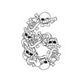 Number 6 skeleton. Bones Font six. Anatomy of an alphabet symbol