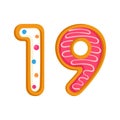 19 number sweet glazed doughnut vector illustration