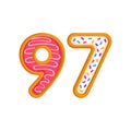 97 number sweet glazed doughnut vector illustration
