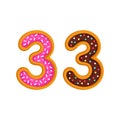 33 number sweet glazed doughnut vector illustration