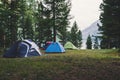 A number of tents standing on a meadow in the woods