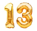 Number 13 thirteen made of golden inflatable balloons isolated on white. Helium balloons, gold foil numbers. Party decoration,