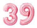 Number 39 thirty nine made of rose gold inflatable balloons isolated on white background. Pink helium balloons forming