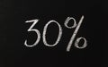 The number thirty percent written in white chalk on a black chalkboard. 30