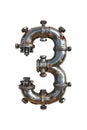 The number three is constructed using metal pipes in this industrial-themed creation. Isolated numeral 3