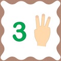 Number 3 three, educational card,learning counting with fingers Royalty Free Stock Photo