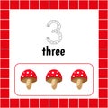 Number three. Fly agaric.Count mushroom game. Educational maths worksheets. Cards with numbers for children. Trace the line