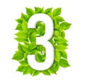 Number three green leaves background. Creative nature concept