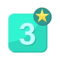 Number three icon. Green square background. Yellow star badge. Vector illustration. Royalty Free Stock Photo