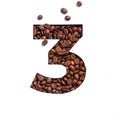 Number three made of coffee beans and paper cut in shape of third numeral isolated on white Royalty Free Stock Photo