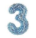 Number 3 three made of crumpled silver and blue foil isolated on white background. 3d