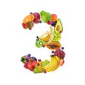 Number three made of different fruits and berries, fruit alphabet isolated on white background Royalty Free Stock Photo