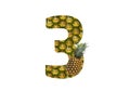 Number 3 three made from pineapple on a white background. Tropical fruit pineapple diet summer food Royalty Free Stock Photo