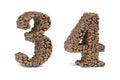 Number 3 three and number 4 four from coffee bean isoilated on white. Coffee alphabet font Royalty Free Stock Photo