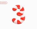 Number 3. Number Three sign white intertwined with red ribbon. 3d Numeral as Candy Cane in cartoon style. Realistic glossy object Royalty Free Stock Photo